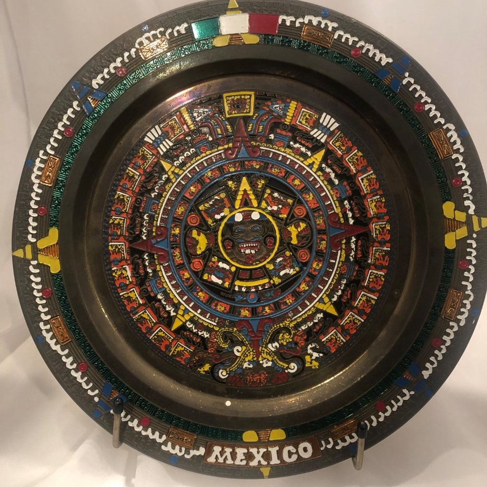 Colorful Enameled Brass 8” Plate Of Mayan Calendar  Mexico Wall Hanging